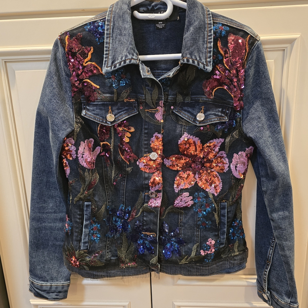 Joseph Ribkoff Sequin Floral Denim Jacket Embellished Blue
